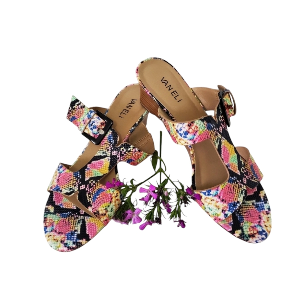 Vaneli Multi-colored Faux Snakeskin Pattern Slip-on Wedge Heel Sandals, Size 8.5